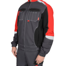 Костюм мужской летний ФАВОРИТ-МЕГА куртка и полукомбинезон, серый с черным и красным, СОП